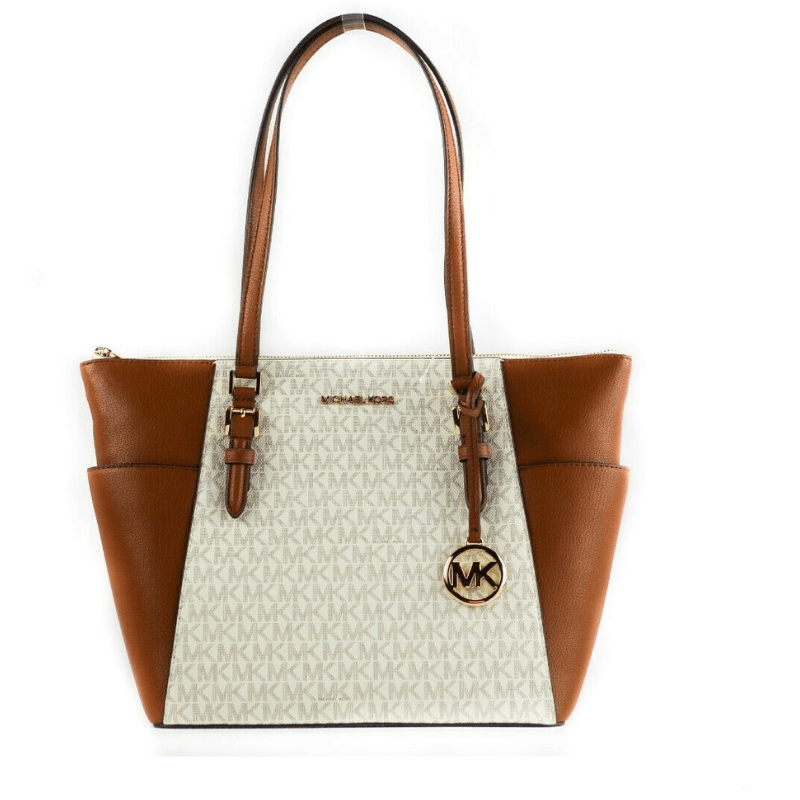 Michael Kors Charlotte Signature Leather Large Top Zip Tote Handbag Bag(Vanilla)