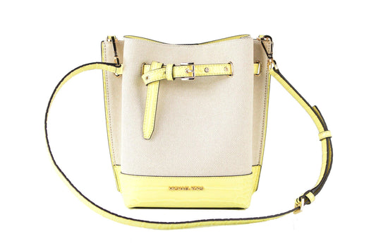 Michael Kors Emilia Small Canvas Snakeskin Print Leather Bucket Bag Messenger Crossbody Handbag(Buttercup)