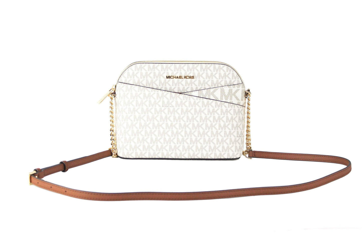 Michael Kors Jet Set Travel Medium Leather X Cross Dome Crossbody Handbag(Vanilla Signature/Gold)