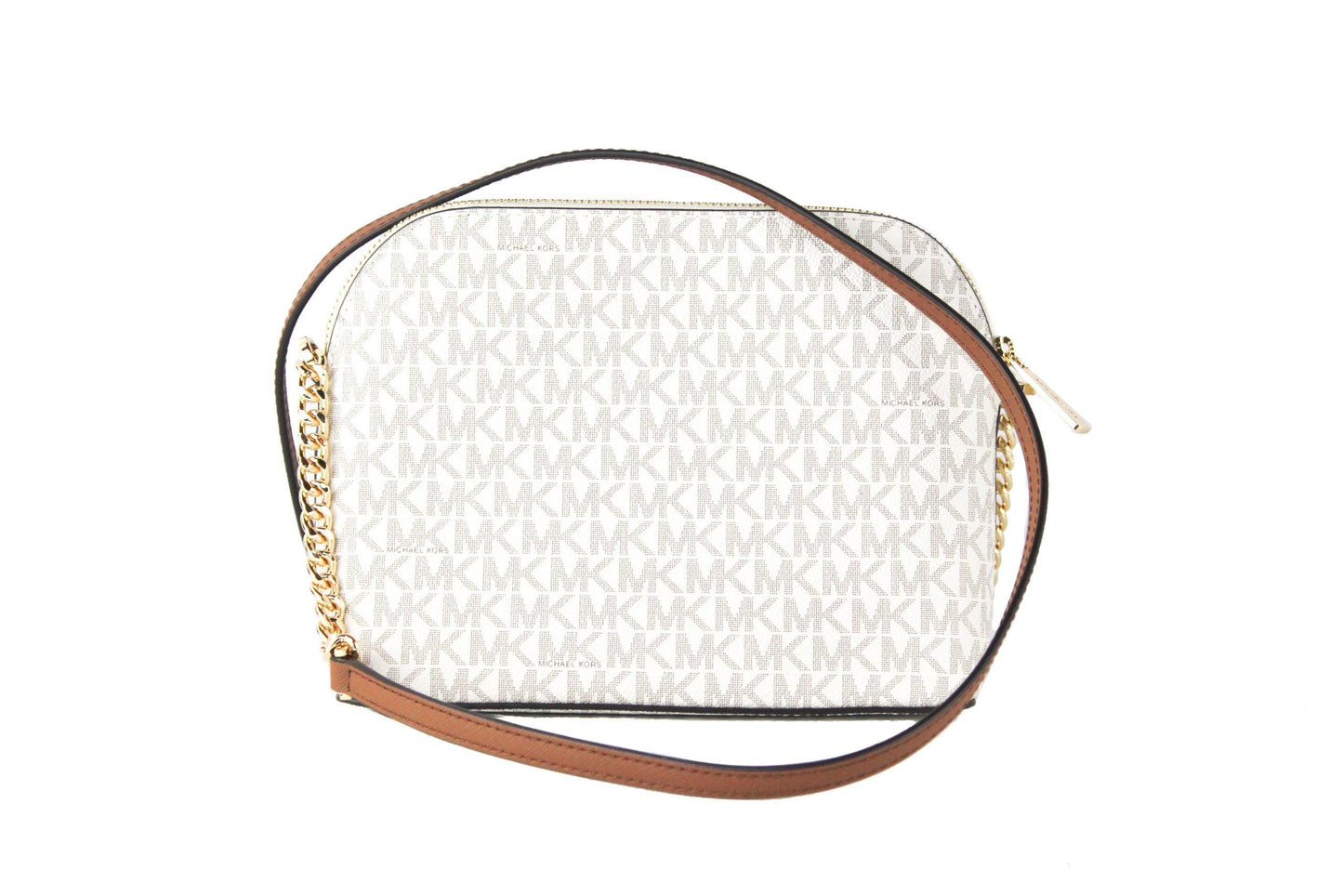 Michael Kors Jet Set Travel Medium Leather X Cross Dome Crossbody Handbag(Vanilla Signature/Gold)