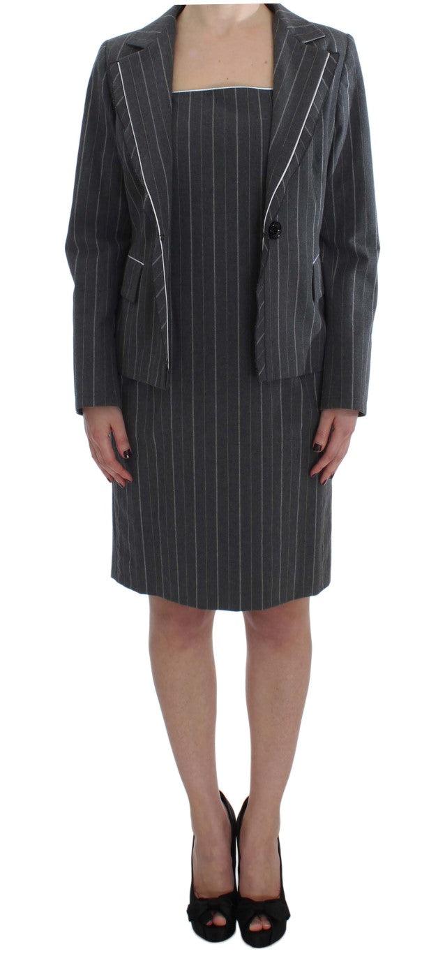 BENCIVENGA Elegant Gray Striped Dress & Blazer Suit Set