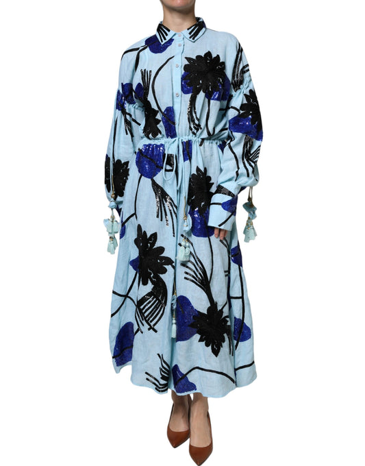 Christian Pellizzari Light Blue Floral Embellished Shirt Maxi Dress