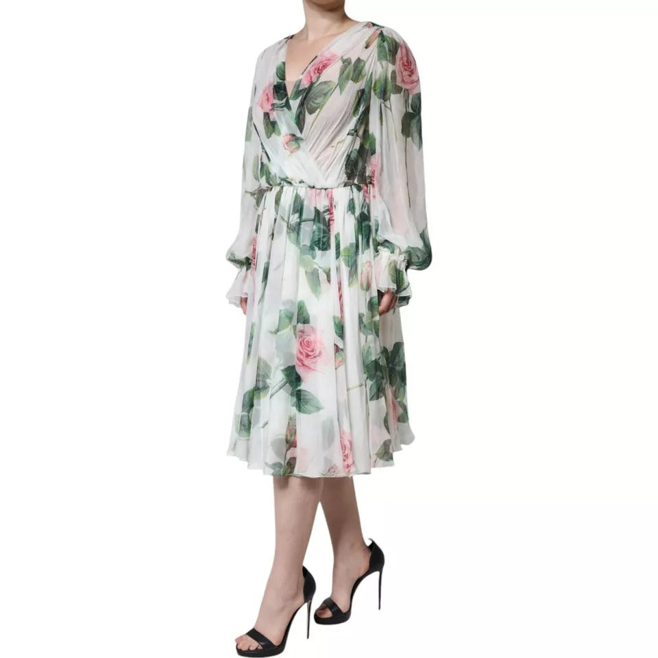 Dolce & Gabbana White Silk Floral Print A-line Midi Dress