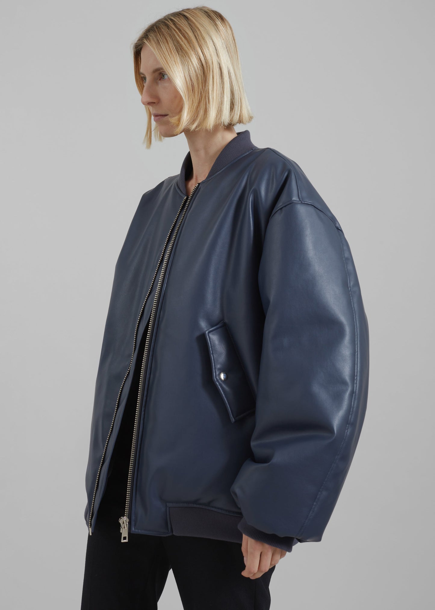 Astra Faux Leather Bomber Jacket - Navy