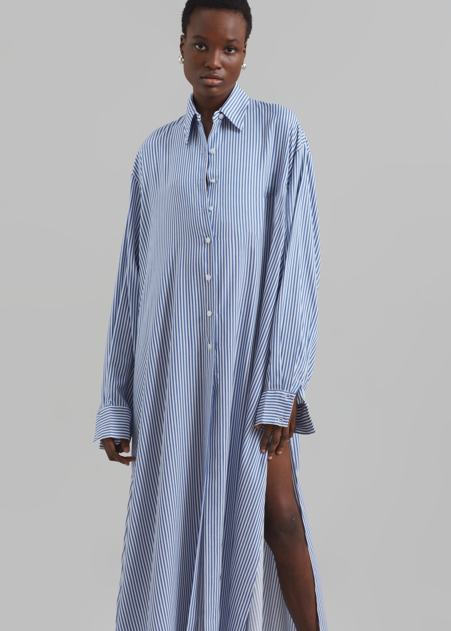 Avery Fluid Shirt Dress - White/Blue Stripe