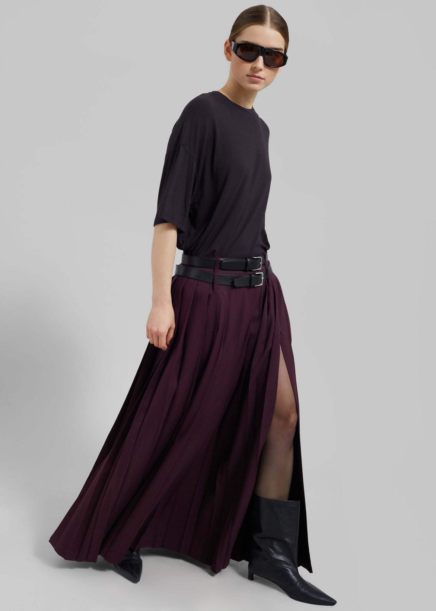 Bailey Long Pleated Skirt - Burgundy