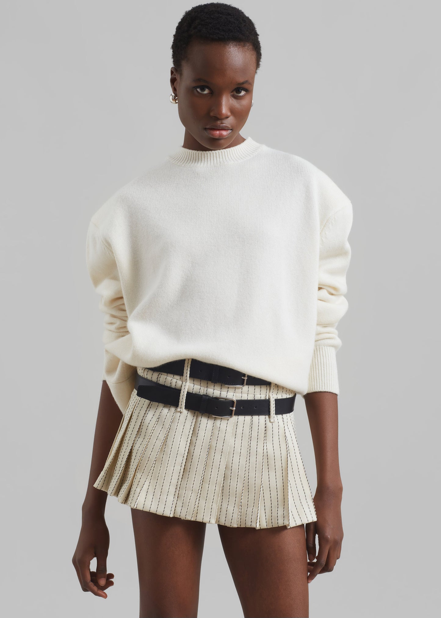 Blake Pleated Twill Mini Skirt - Light Beige/Black Pinstripe