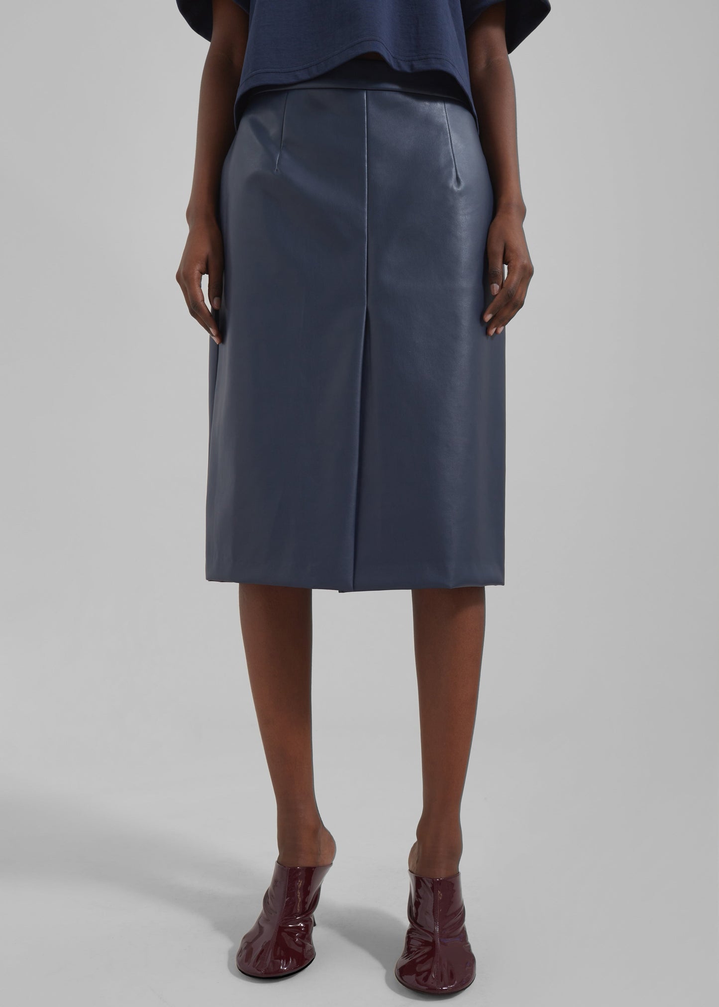 Brooklyn Faux Leather Midi Skirt - Navy