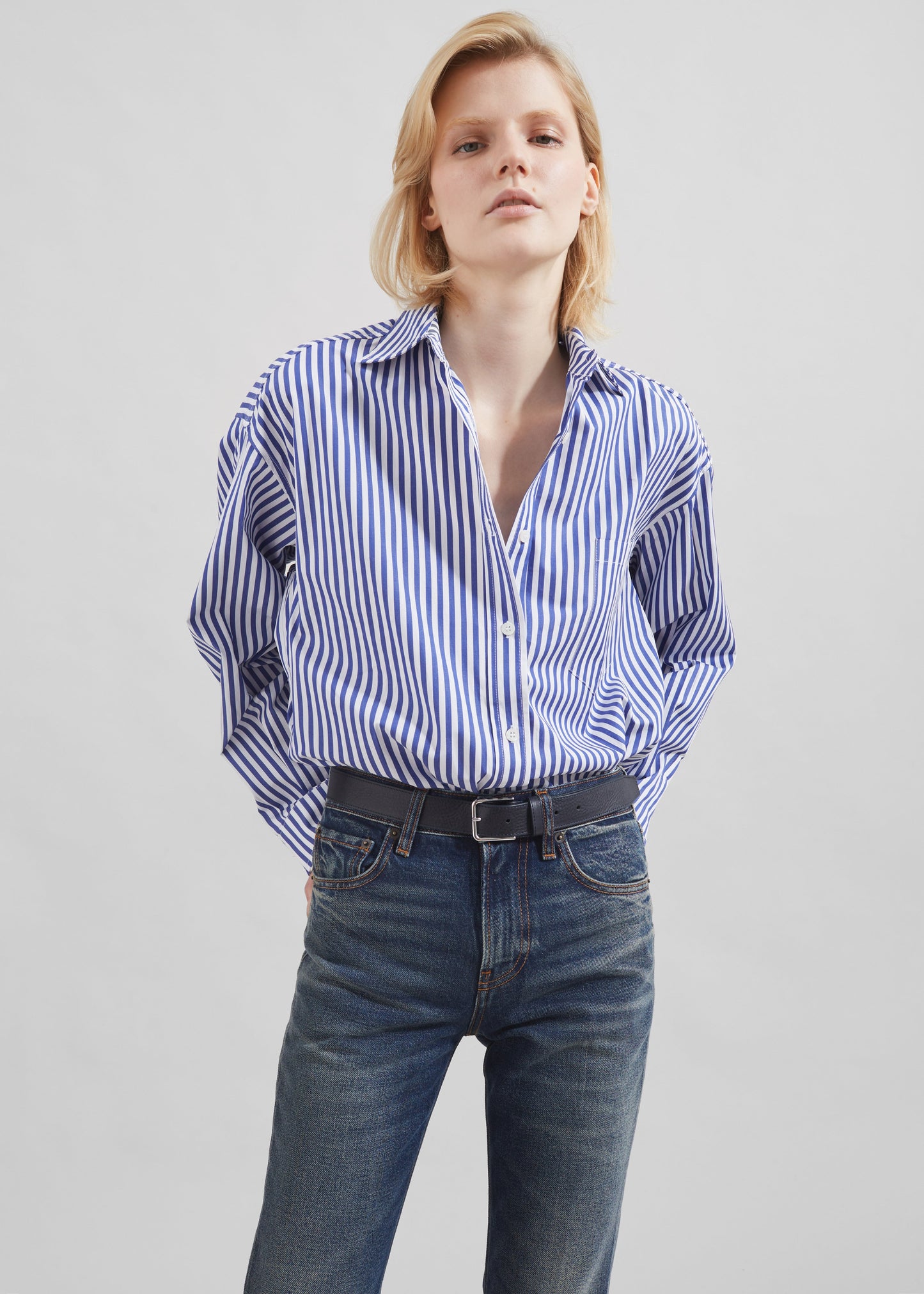 Georgia Boxy Shirt - White/Blue Stripe