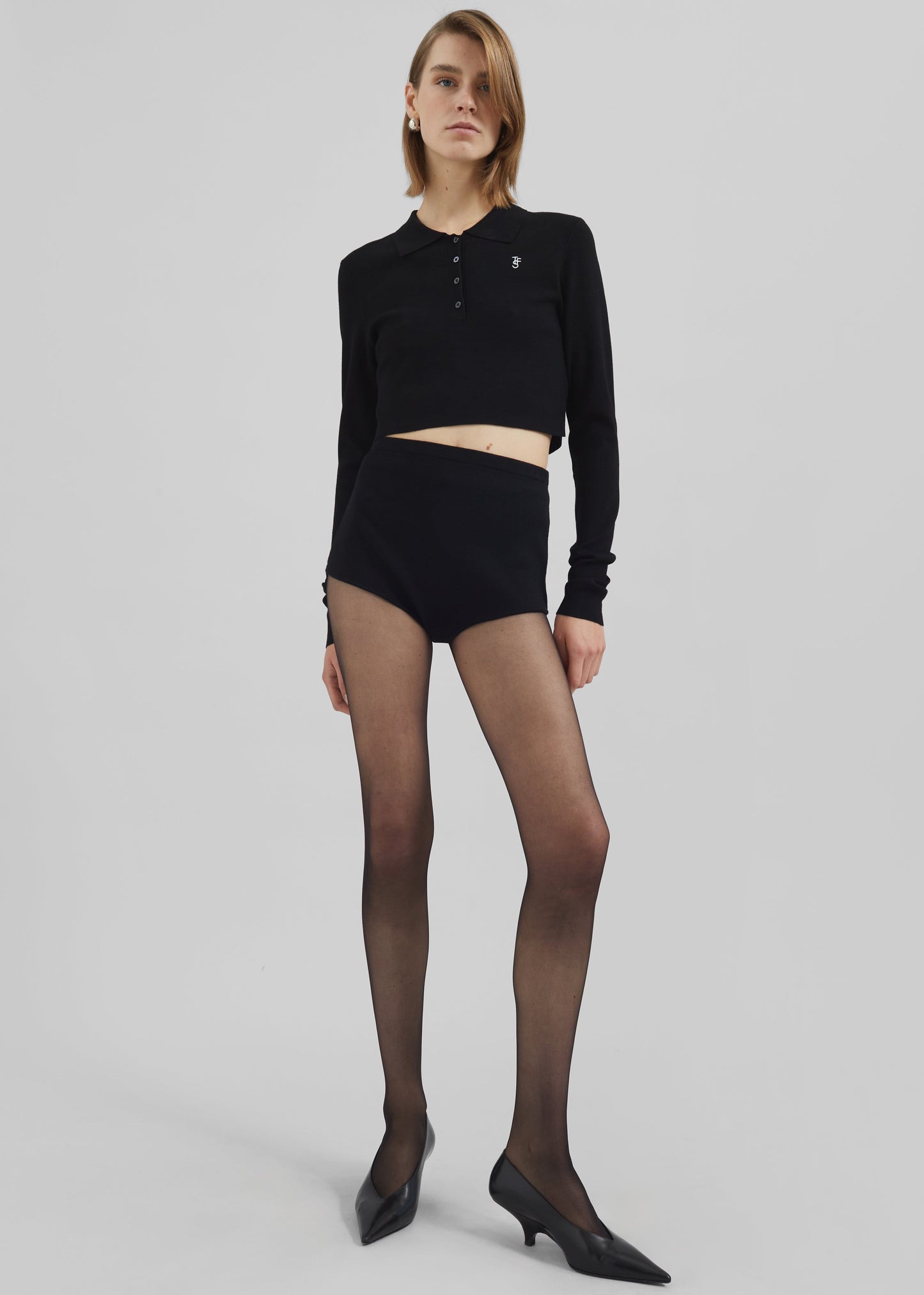 Giselle Cropped Knit Polo - Black