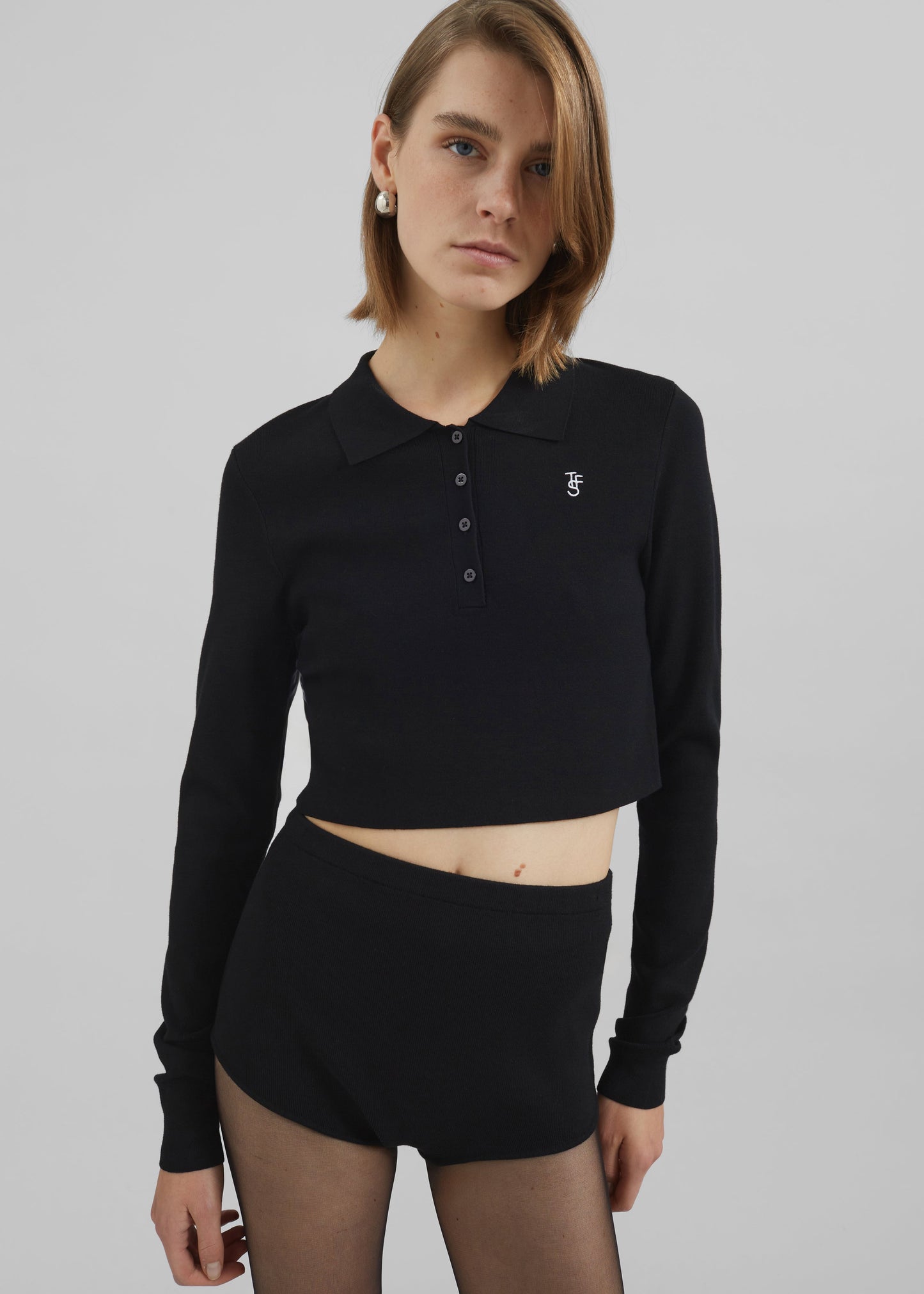 Giselle Cropped Knit Polo - Black