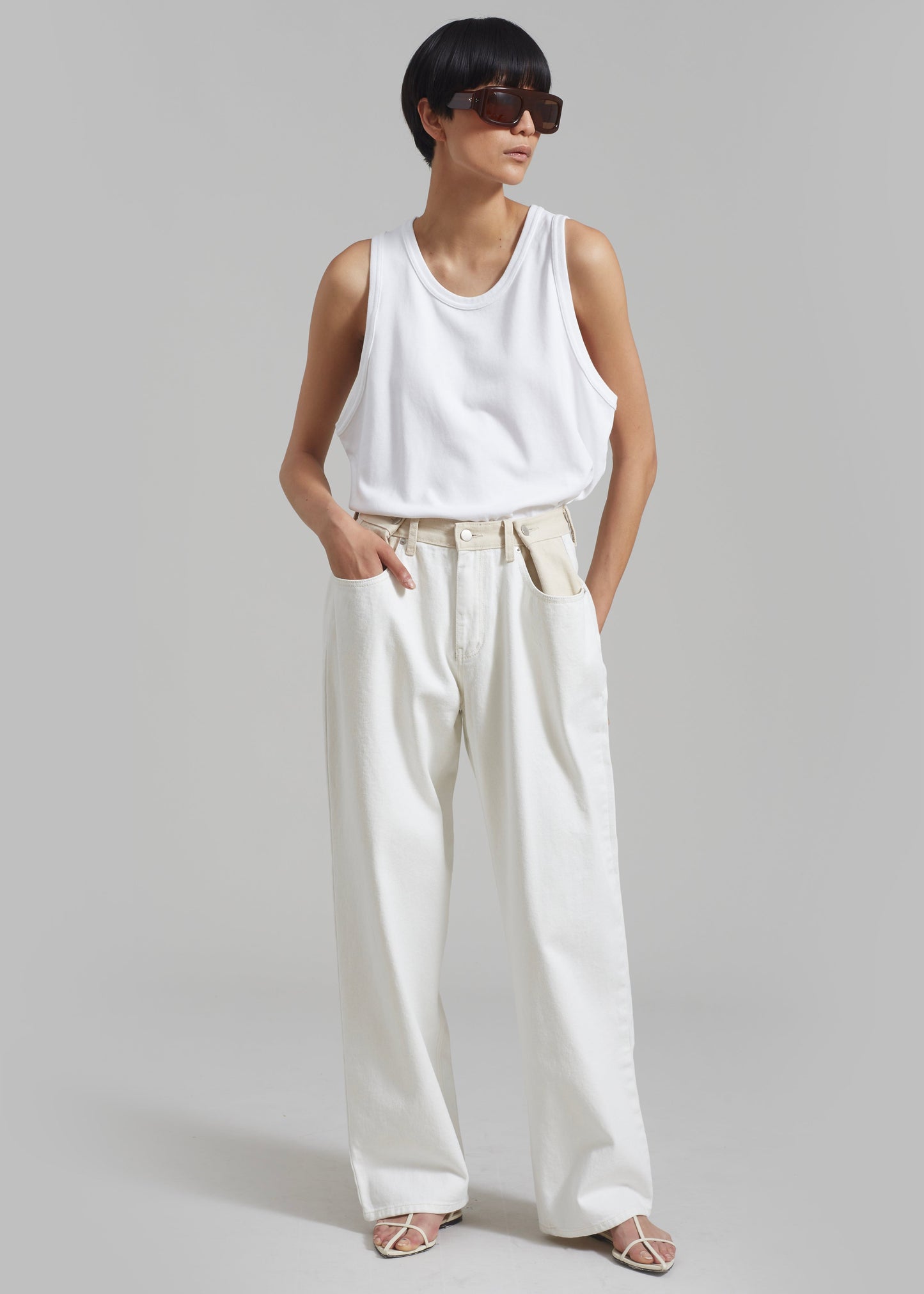 Hayla Contrast Denim Pants - Off White/Beige