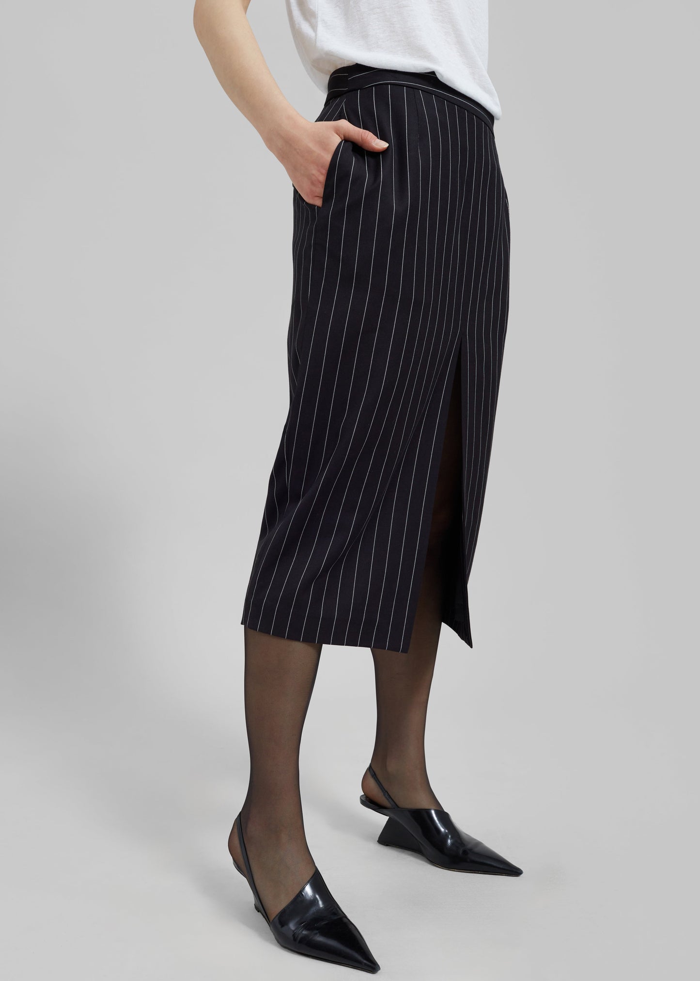 Holland Midi Slit Skirt - Black/White Pinstripe