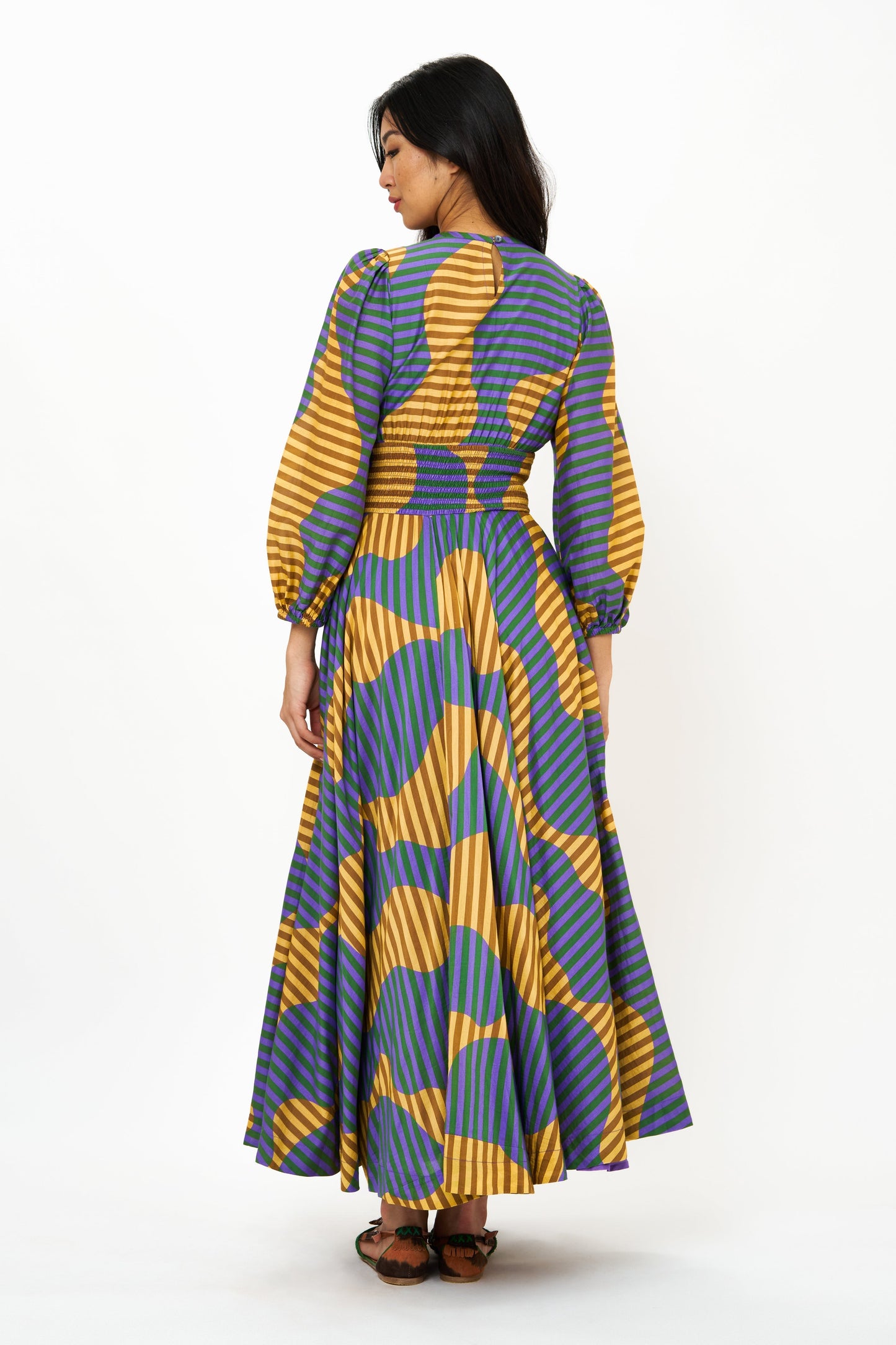 Crewneck Smocked Waist Maxi- Haring Saffron