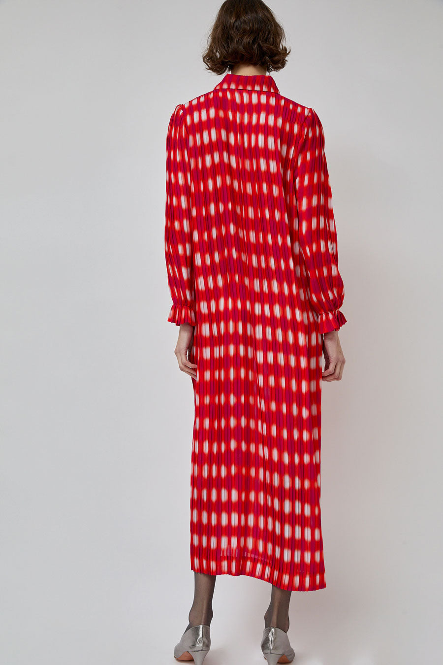 INSHADE Pleated Shirt Dress in Red and Pink Plaid