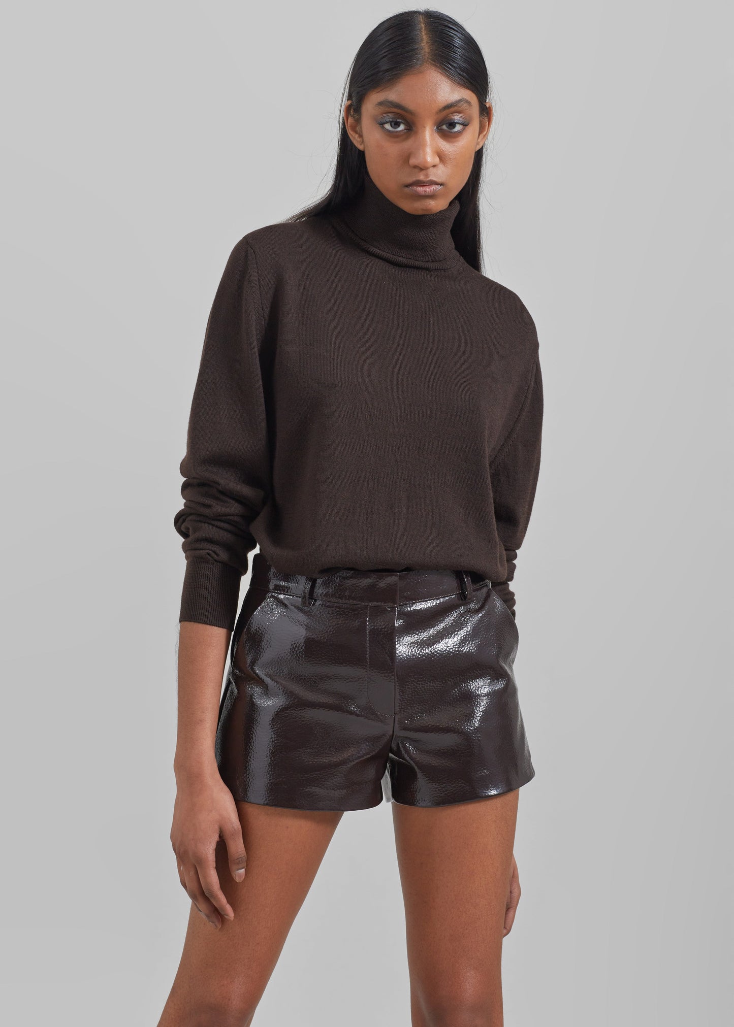 Kate Crackled Faux Leather Mini Shorts - Brown