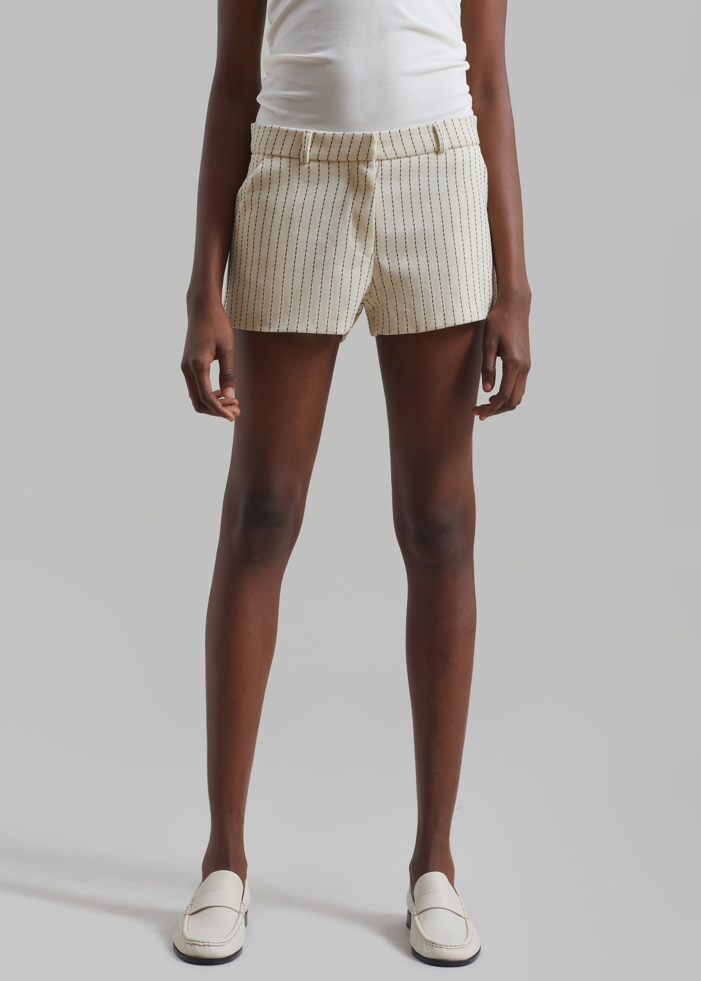 Kate Twill Mini Shorts - Light Beige/Black Pinstripe