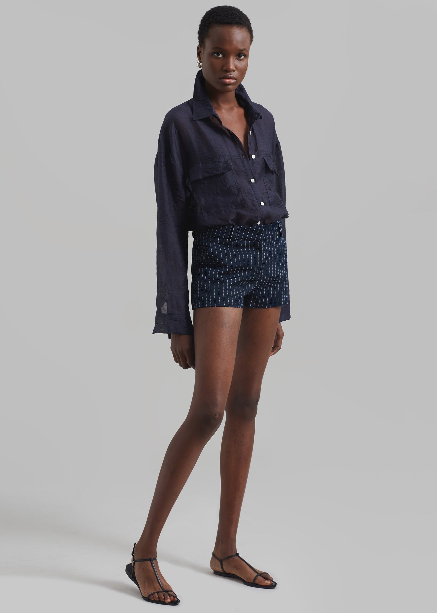 Kate Twill Mini Shorts - Navy/White Pinstripe