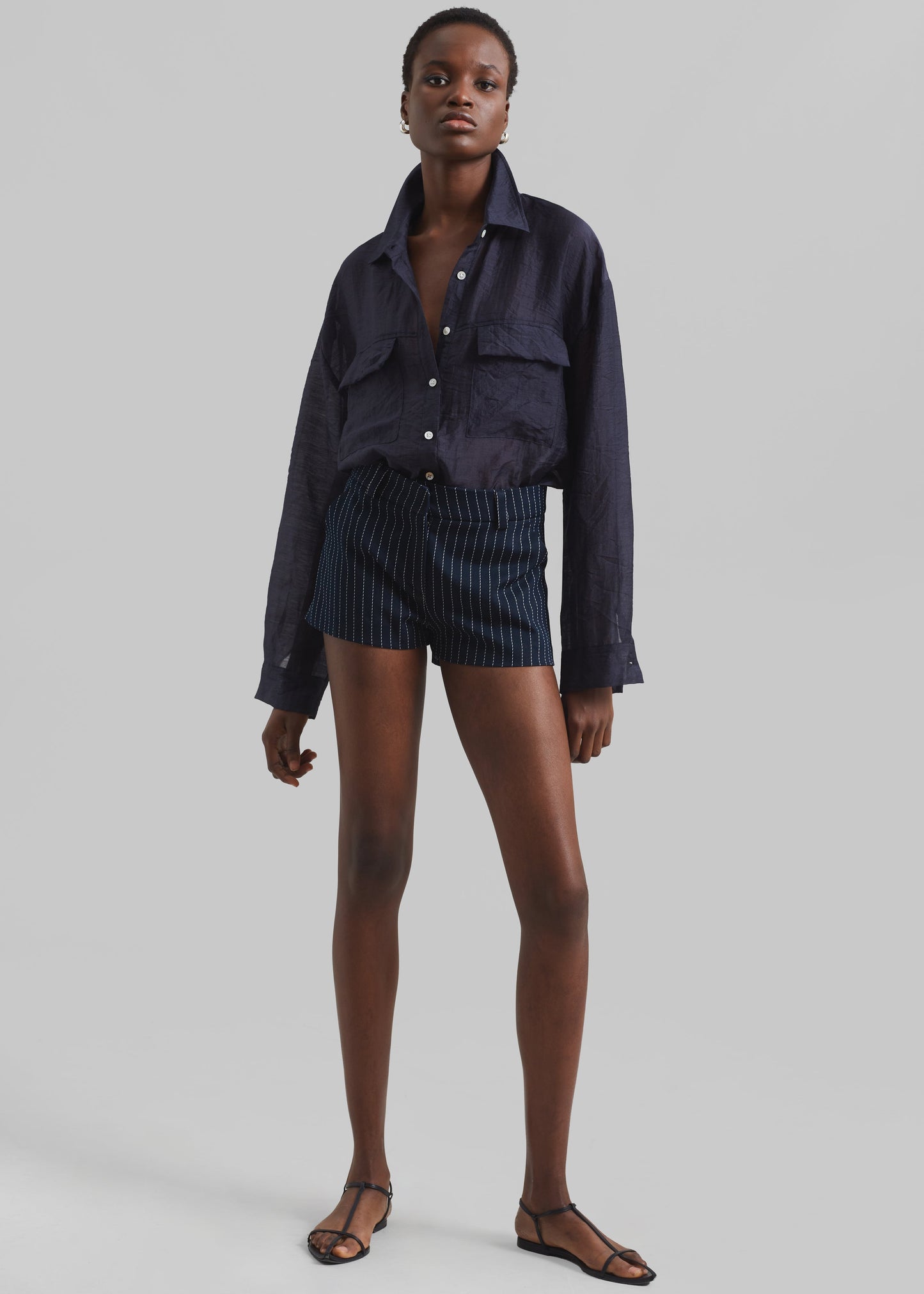 Kate Twill Mini Shorts - Navy/White Pinstripe