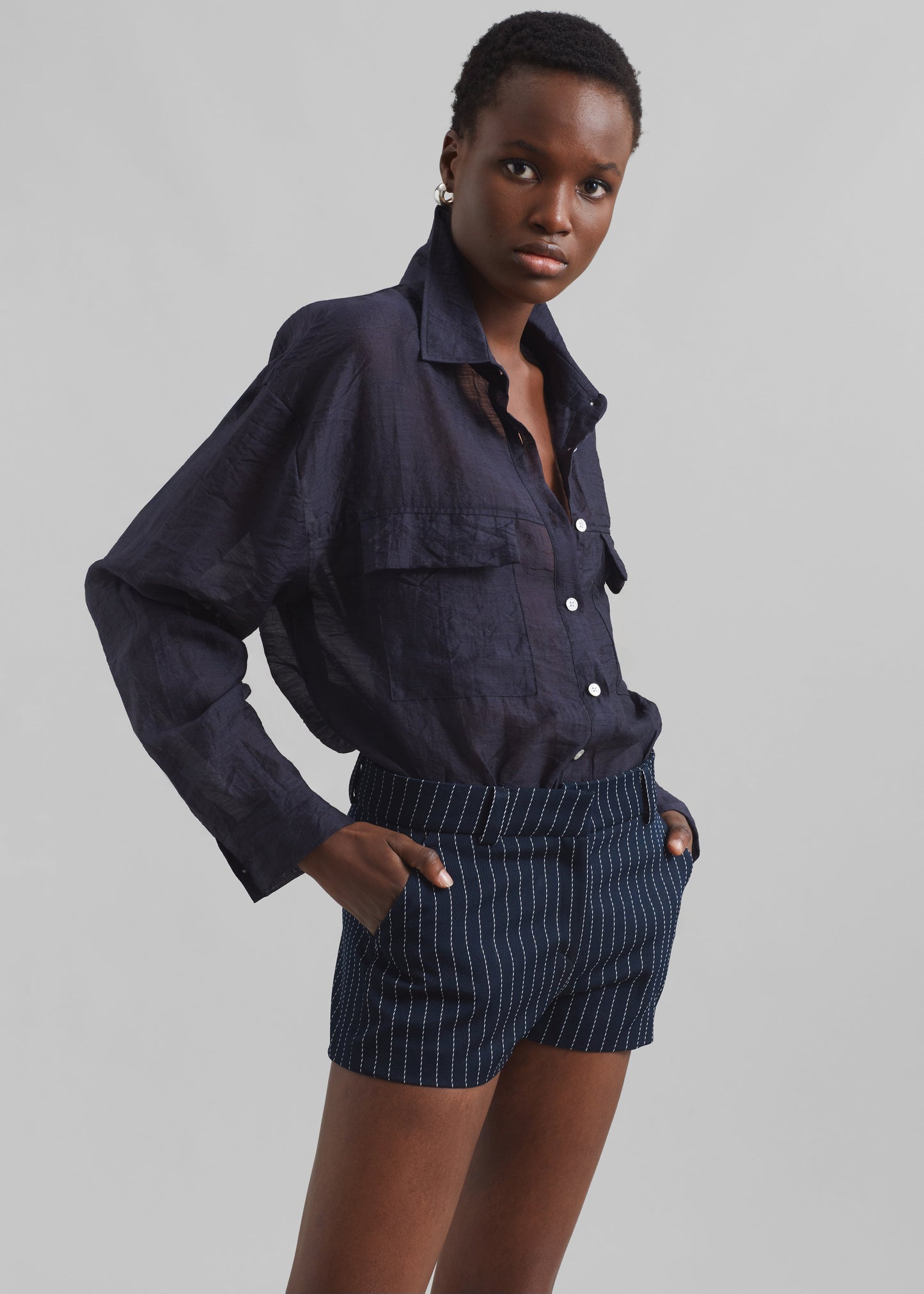 Kate Twill Mini Shorts - Navy/White Pinstripe