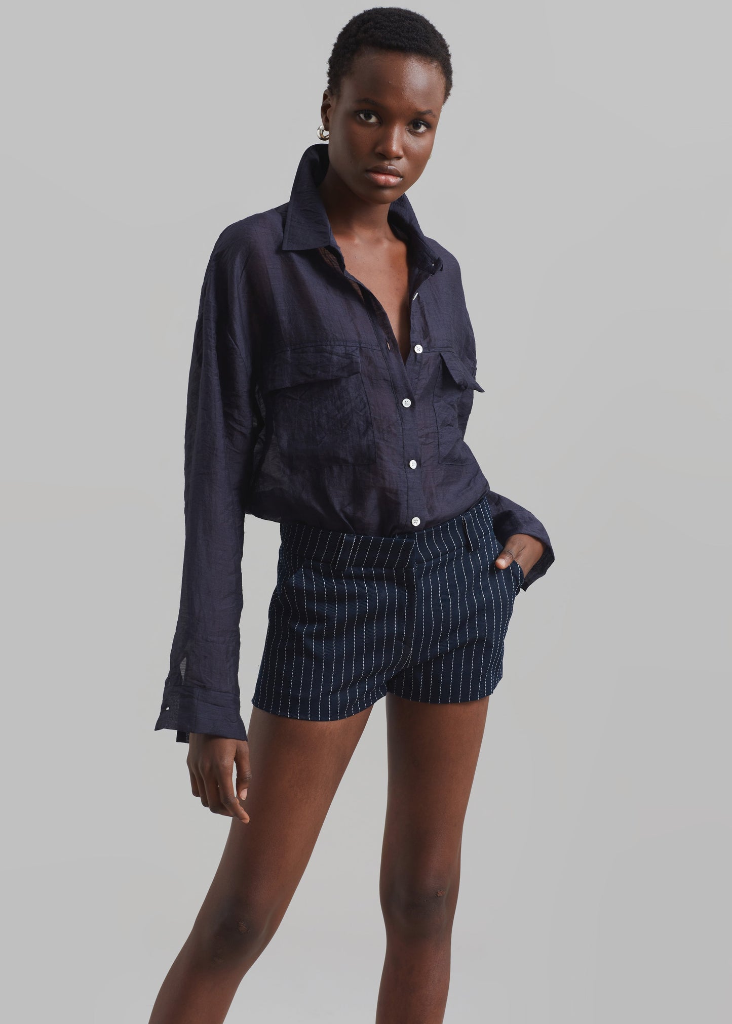 Kate Twill Mini Shorts - Navy/White Pinstripe