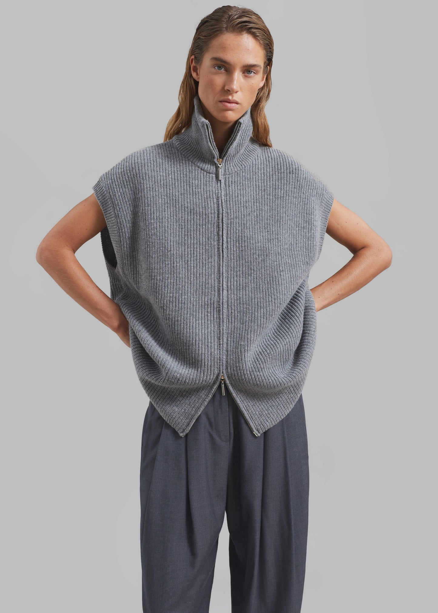 Kellan Wool Blend Sleeveless Zip Turtleneck - Grey