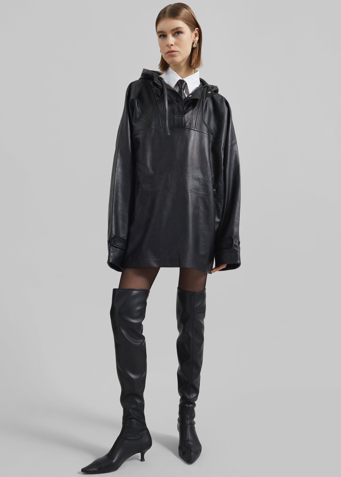 Kevin Leather Hooded Overshirt - Black