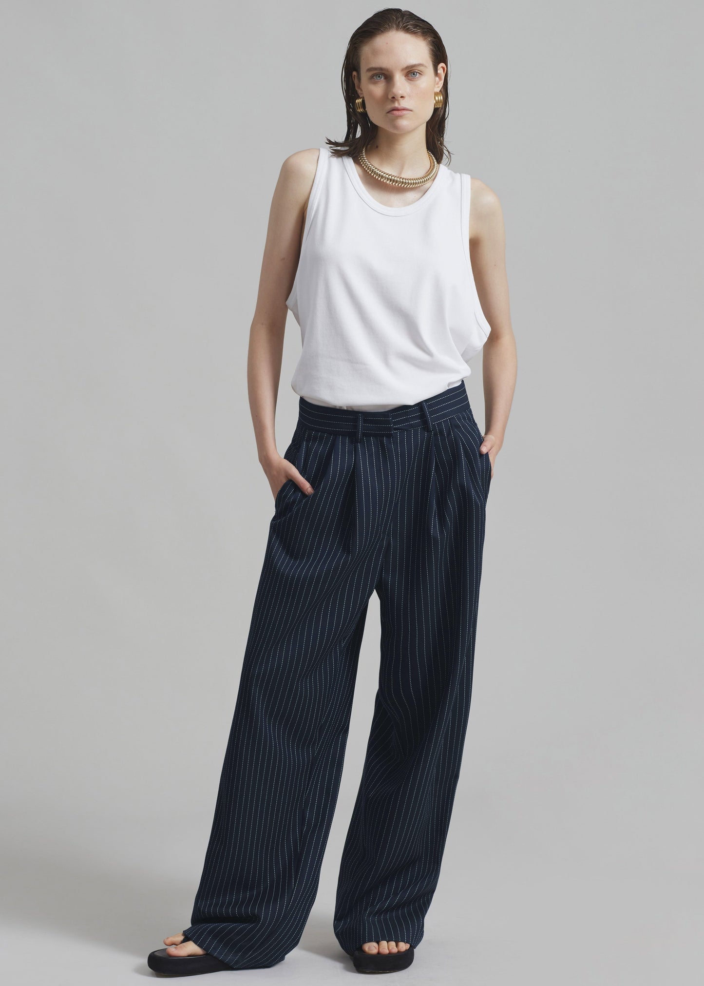 Ripley Pleated Twill Trousers - Navy/White Pinstripe