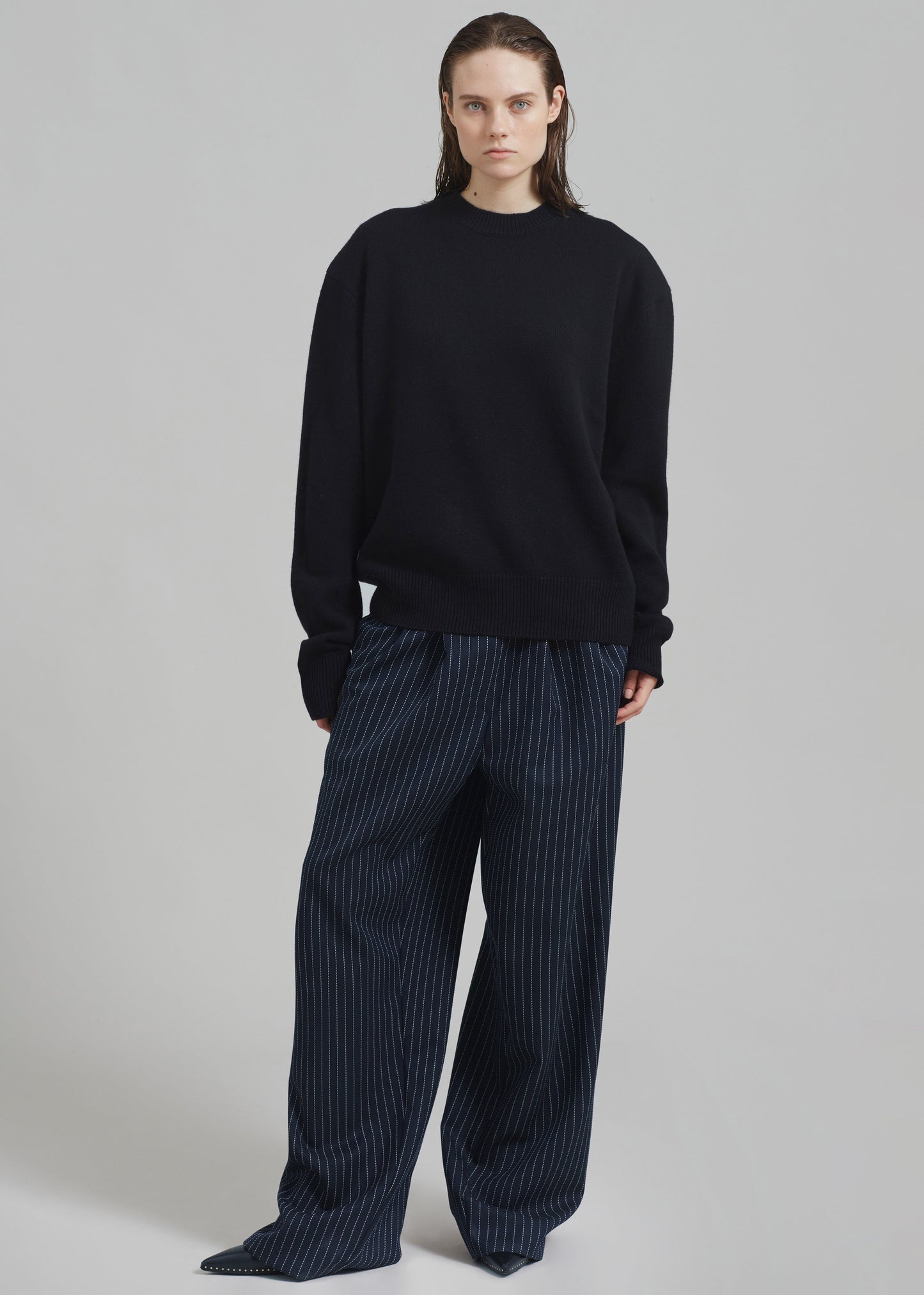 Ripley Pleated Twill Trousers - Navy/White Pinstripe