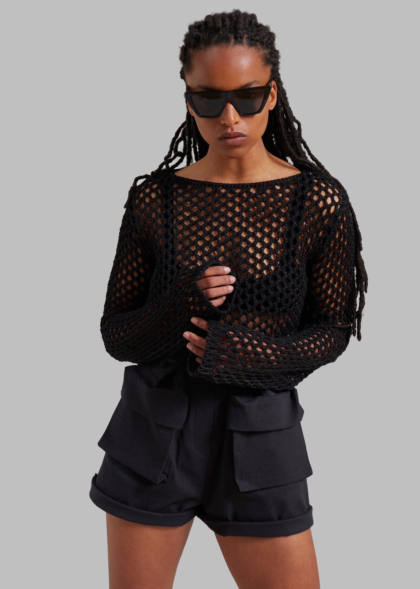 Safa Crochet Open-Knit Top - Black