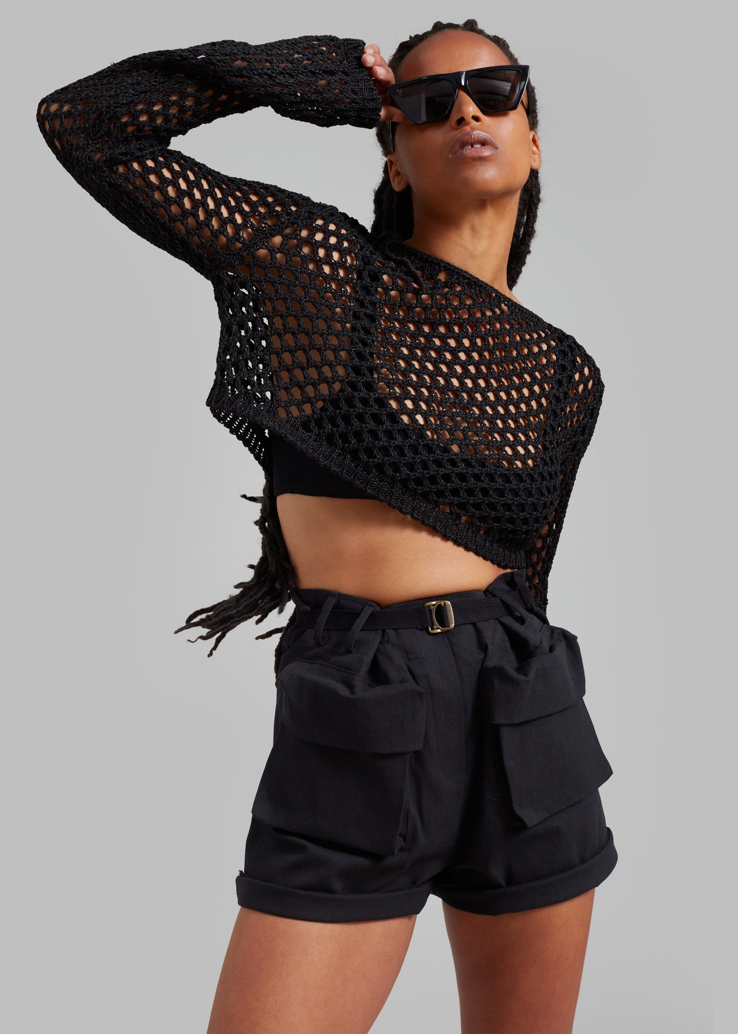 Safa Crochet Open-Knit Top - Black