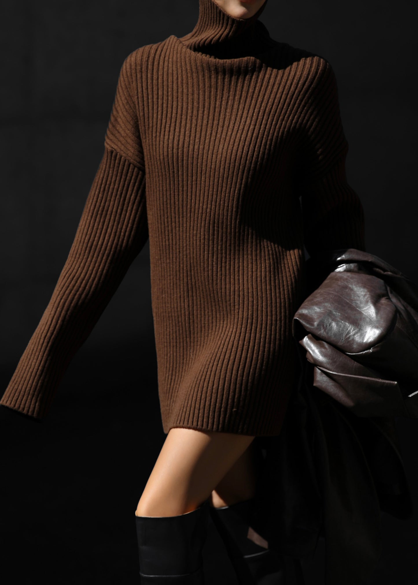 Thelma Ribbed Sweater Dress - Brown