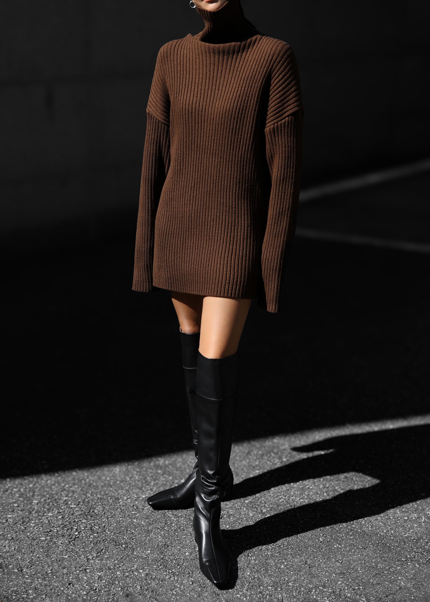 Thelma Ribbed Sweater Dress - Brown