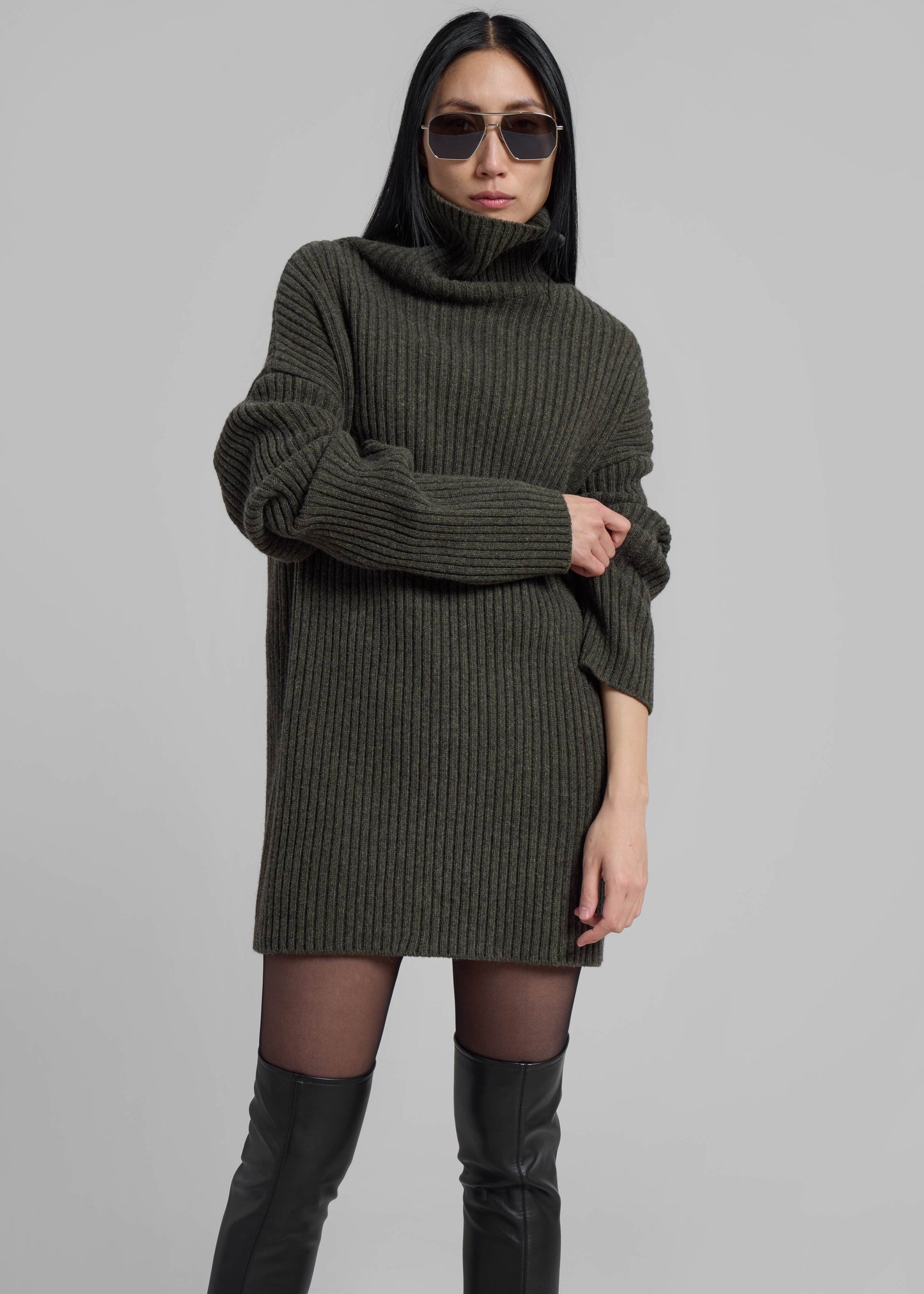 Thelma Ribbed Sweater Dress - Khaki